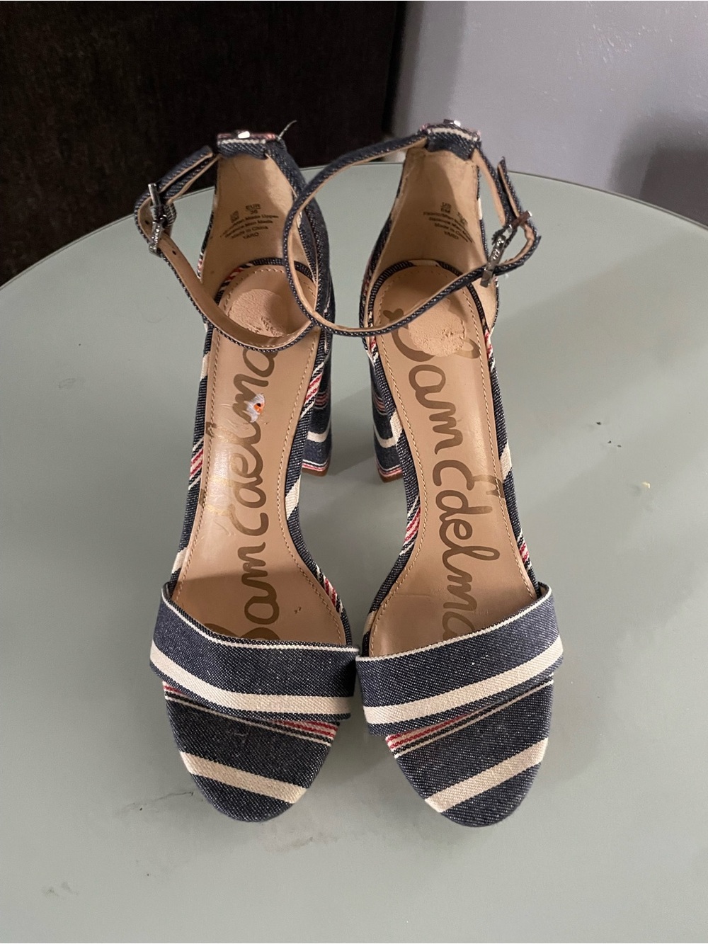 Sam Edelman Navy and Cream Striped Ankle-Strap Block Heels